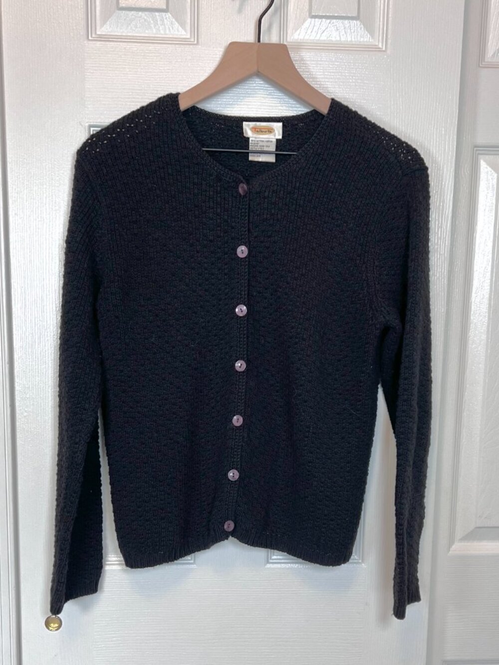 Talbot's Black 100% Cotton Knit Cardigan with Purple Buttons Size M
